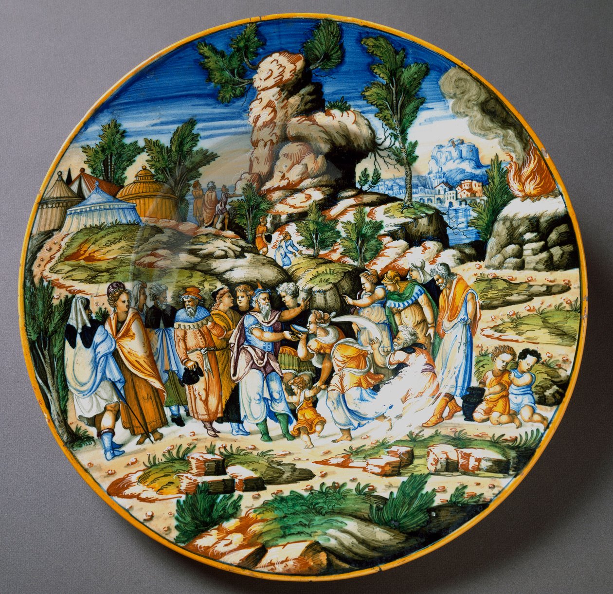 Mózes vizet emel a sziklából, és italt ad Izrael népének. Kerámia tányér, amelyet Urbinóban, az olaszországi Fontana műhelyben gyártanak. 1560 kb. Firenze, Museo Nazionale del Bargello alkotó: Italian School