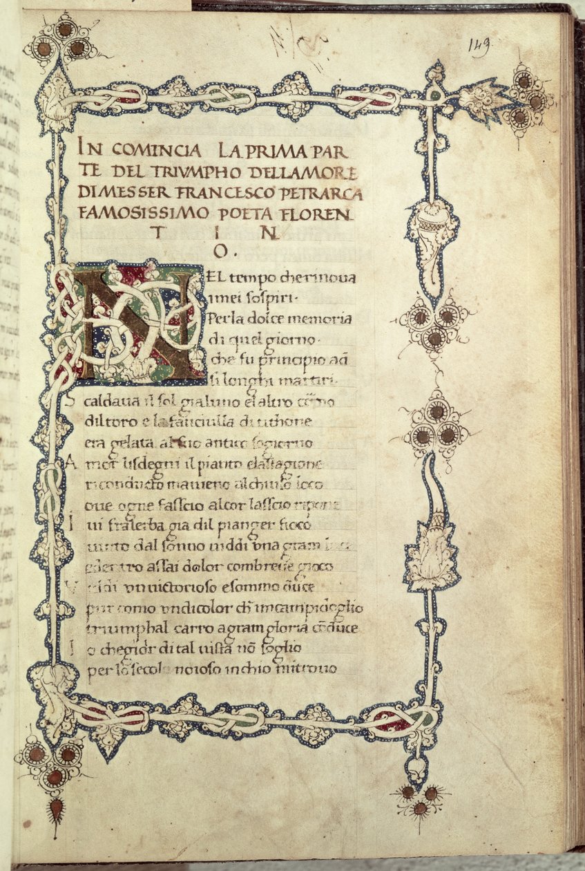 Ms.392 fol.149 The triumph of Love, Petrarch (1304-73) „Sonetti, Canzoni e Triomphi” című művéből, 1470 (vellum) alkotó: Italian School
