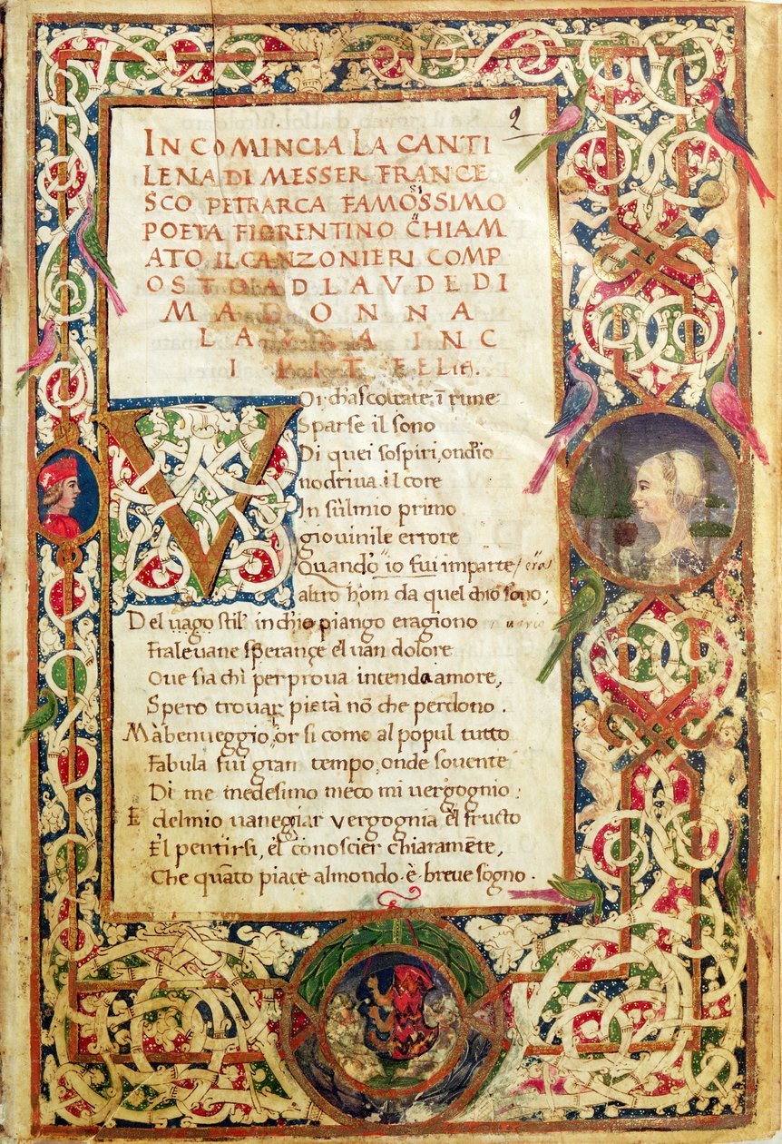 Ms.392 fol.1 Laure dicsérő dala, Petrarch „Sonetti, Canzoni e Triomphi” című művéből alkotó: Italian School