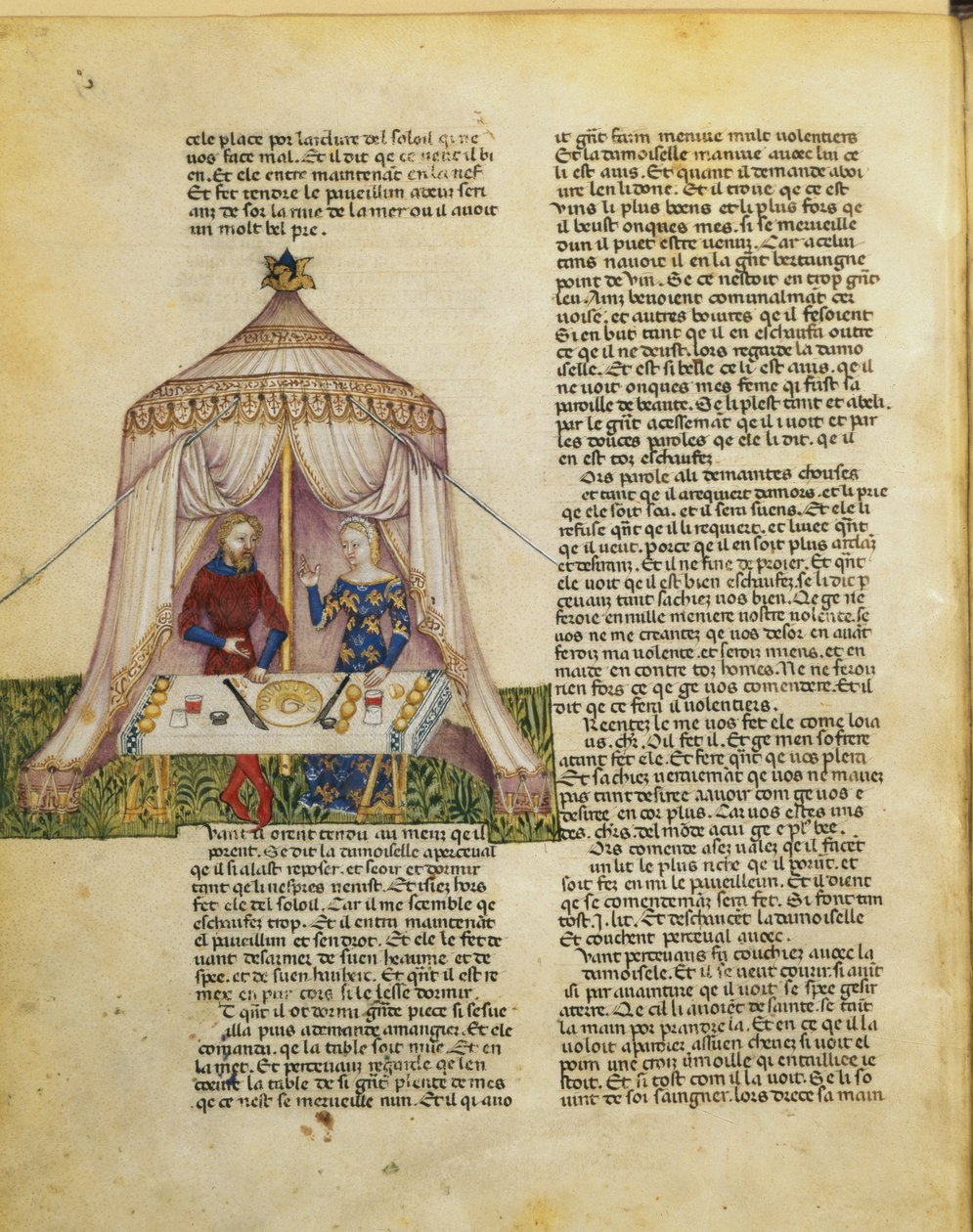 Ms.Fr 343 f.31v Sir Percival megkísérti egy lány, aki lakomát ad neki, mielőtt elcsábítaná, a Queste del Saint Graalból, 1380-85 körül alkotó: Italian School