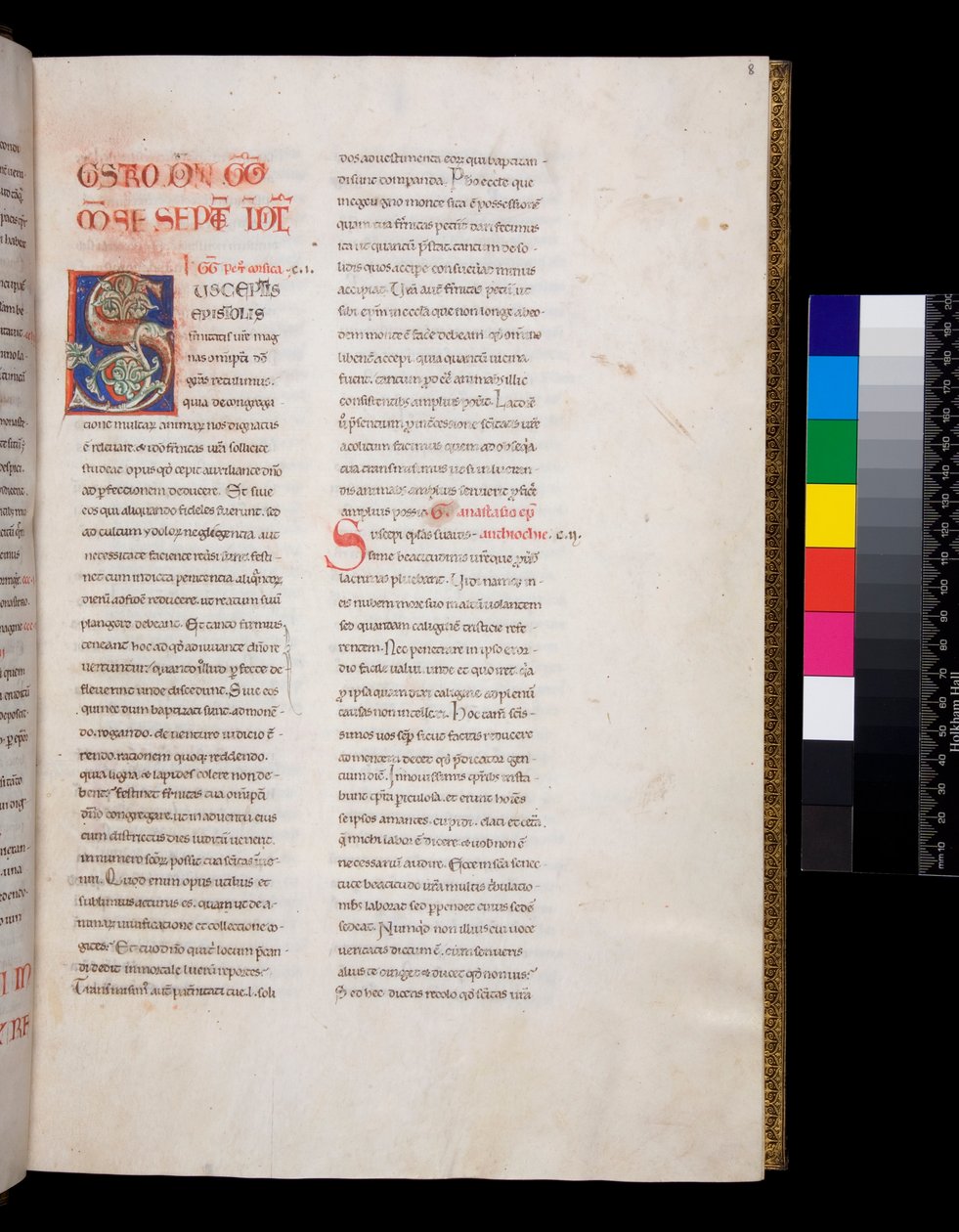 Ms 143. Nagy Gergely, Registrum Epistolarum, f.8r. Díszített iniciál [S] fehér szőlőlevél betéttel és végződésekkel alkotó: Italian School
