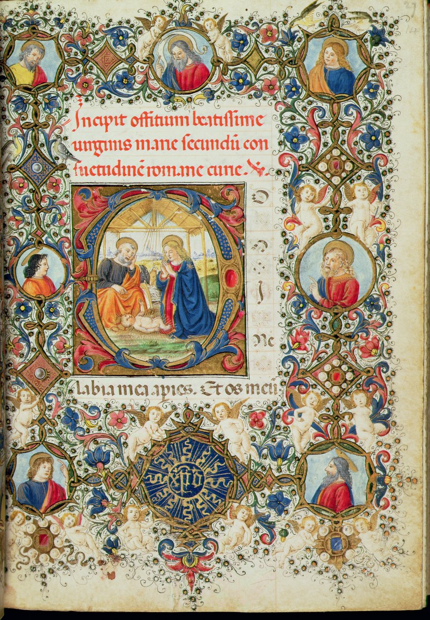 Ms 154 f.14r A Krisztus-gyermek imádása, az Órák könyvéből, olasz alkotó: Italian School