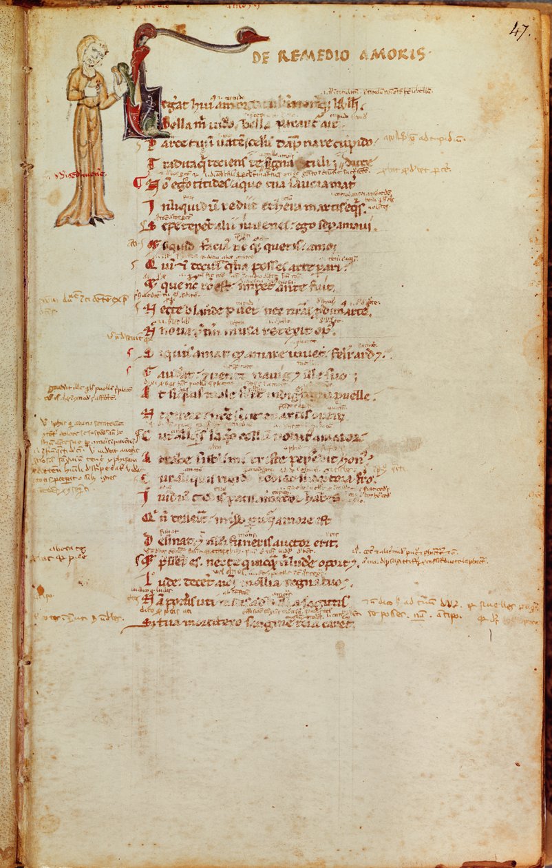 Ms 19 fol.47 Szövegoldal történetírásos kezdőbetűvel, LArt dAimertől, Ovidiustól (Kr. e. 43-17) alkotó: Italian School