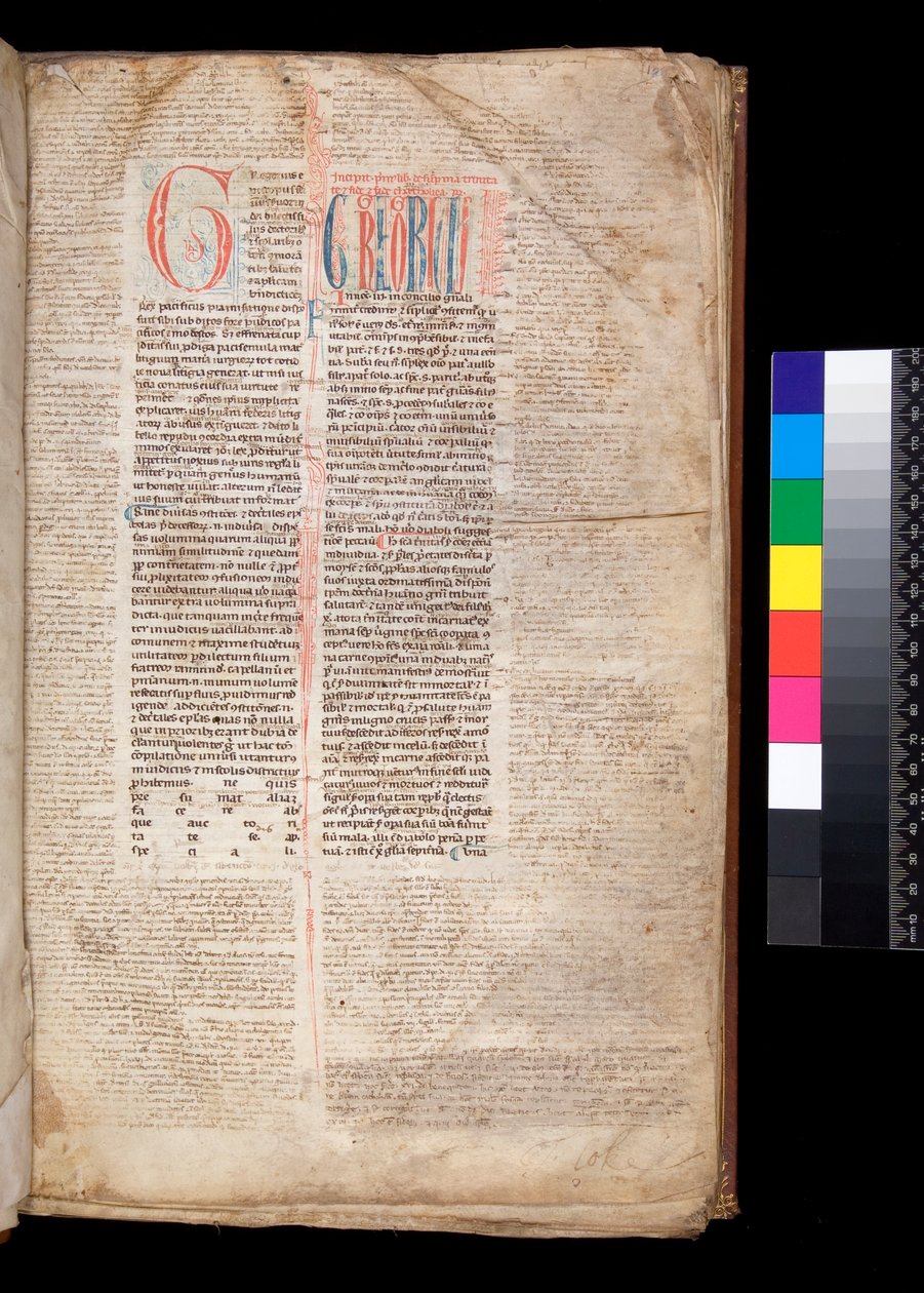 Ms 213. Gregory IX, Decretales with Apparatus, Bernardo Botone, Párma, F.1r. Kezdőbetű [G] piros, visszafogott és kék tollfestéssel alkotó: Italian School