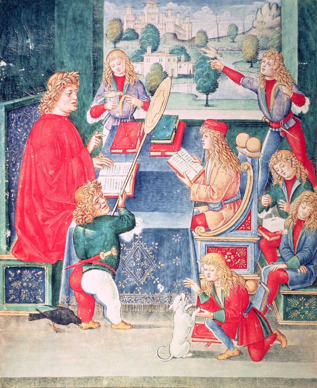 Ms 2167 f.13v Maximilian Sforza, aki az óráin vesz részt, Lombard a „Donatus Grammatica”-ból (vellum) alkotó: Italian School