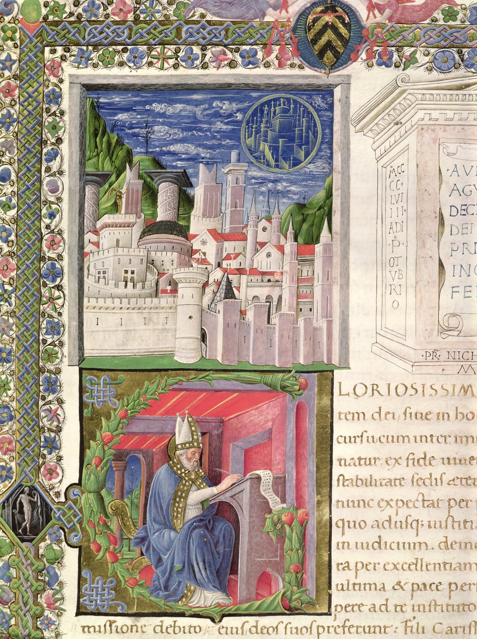 Ms 218 f.2r Róma, mint Isten városa, és Szent Ágoston írása Hippói Szent Ágoston (354-430) „De Civitate Dei” című művéből, 1459 (vellum) alkotó: Italian School