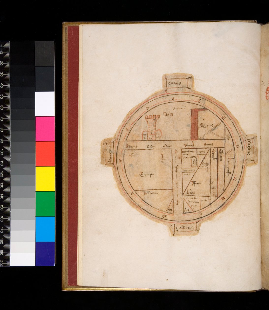 Ms 315. Horace, Ars Poetica and Epistulae, f.1v. T-O Világtérkép, Jeruzsálemet ábrázoló toronnyal alkotó: Italian School