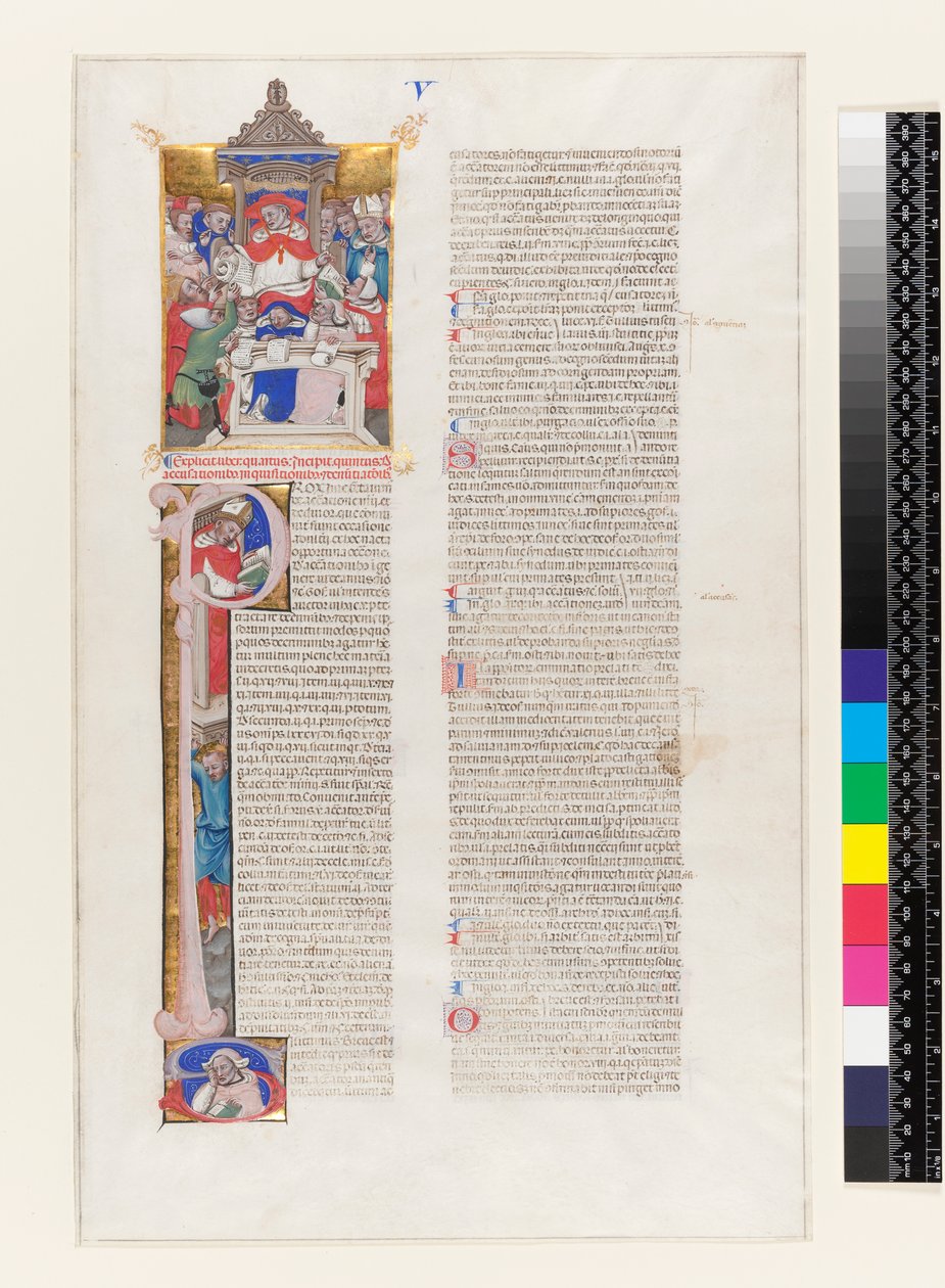 Ms 331 fol.1r Szövegoldal történetírásos P kezdőbetűvel és egy trónoló bíborost ábrázoló miniatúrával, IX. Gergely dekrétumai V. könyvéből, Bolognából, 1350 körül alkotó: Italian School