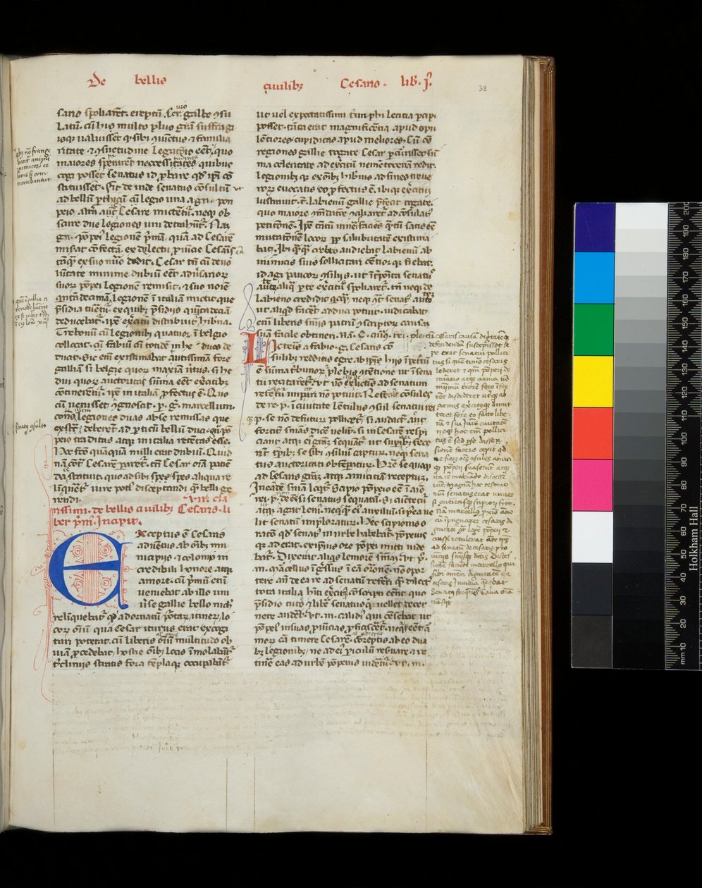 Ms 342. Caesar, Opera, f.38r. Kezdőbetűje [E] kék színben, tollal virágzó piros díszítéssel alkotó: Italian School