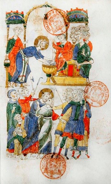Ms 364 Jézus megmossa a tanítványok lábát az utolsó vacsora és Júdás csókja alatt, a Monte Cassino Breviáriumból (vellum) alkotó: Italian School