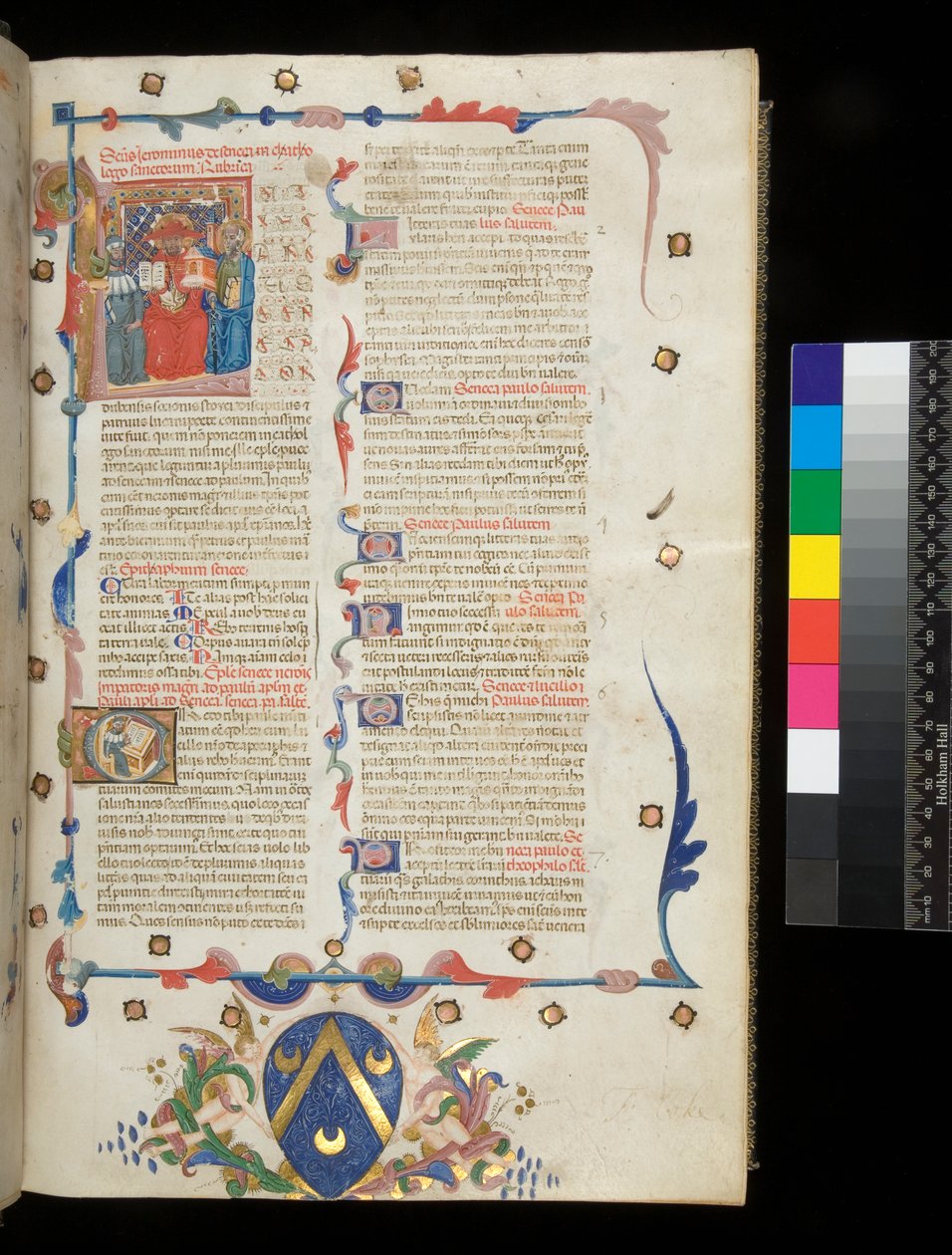 Ms 390. Seneca the Younger, Opera és Seneca the Older, Excerpta controversiarum, f.1r. Incipit oldal történetírással készült kezdőbetűvel [L], amelyben Jerome, St Paul és Seneca, Veneto található alkotó: Italian School