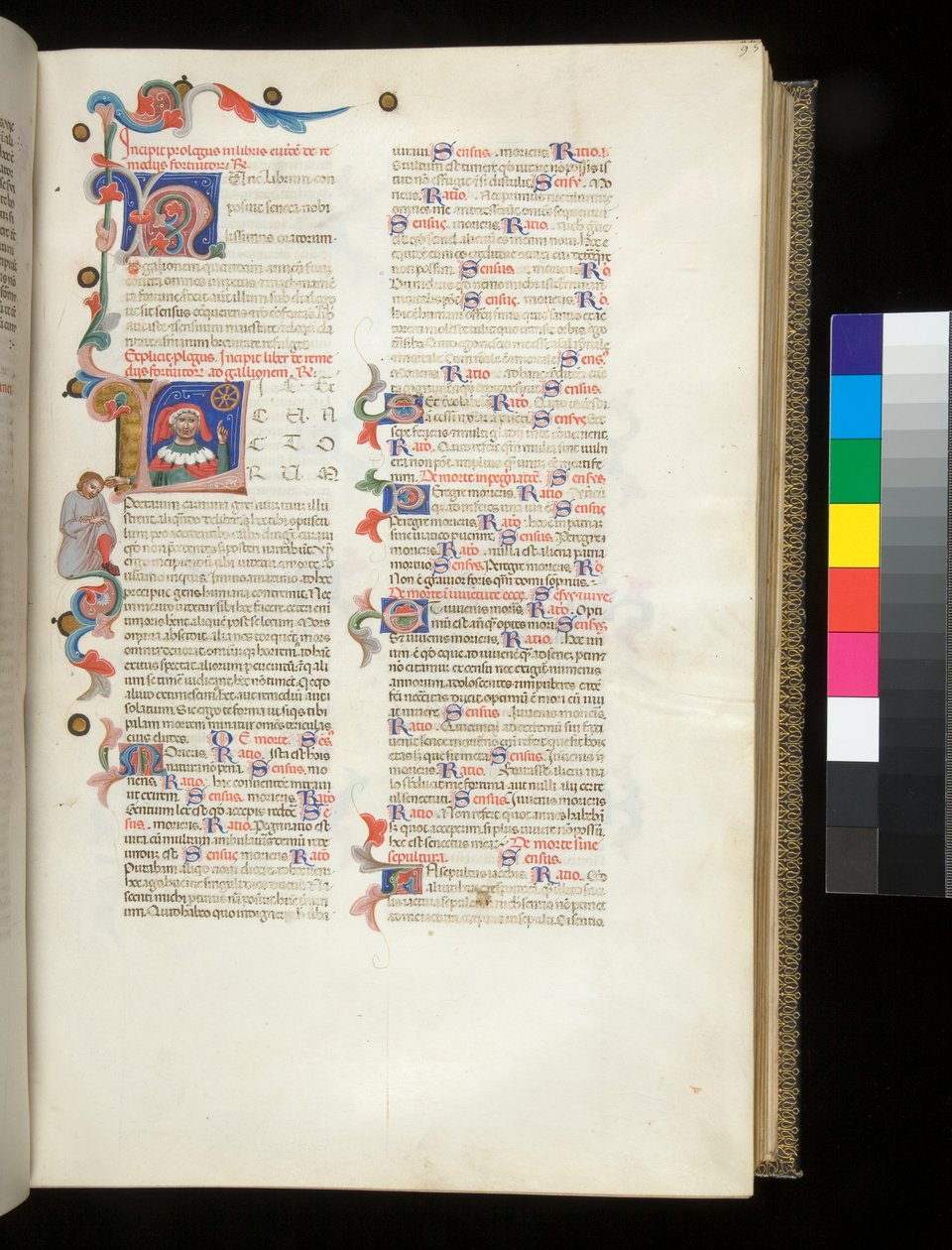 Ms 390. Seneca the Young, Opera és Seneca the Older, Excerpta controversiarum, f.95r. Lakott kezdőbetűvel [L], Seneca portréjával a Szerencsekerékre és egy levert férfialakra a határon alkotó: Italian School