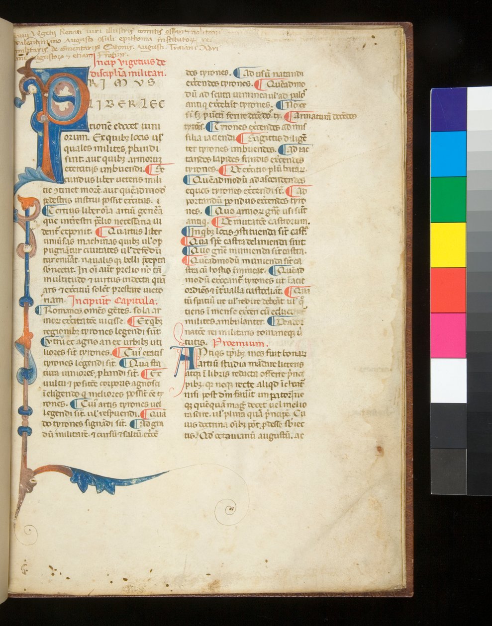 Ms 398. Vegetius, Epitoma rei militaris, f.1r. Díszített kezdőbetű [P], amely rúd és akantusz részleges szegélyét képezi, Padova?, 13. század vége (pergamen) alkotó: Italian School