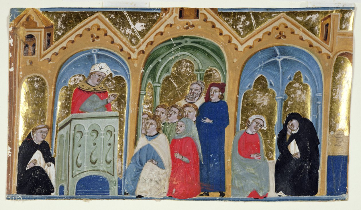 Ms. 400-2000: Miniatűr a Gratians Decretumból, amely egy püspököt ábrázol, aki egy gyülekezetnek prédikál, 1325-30 alkotó: Italian School