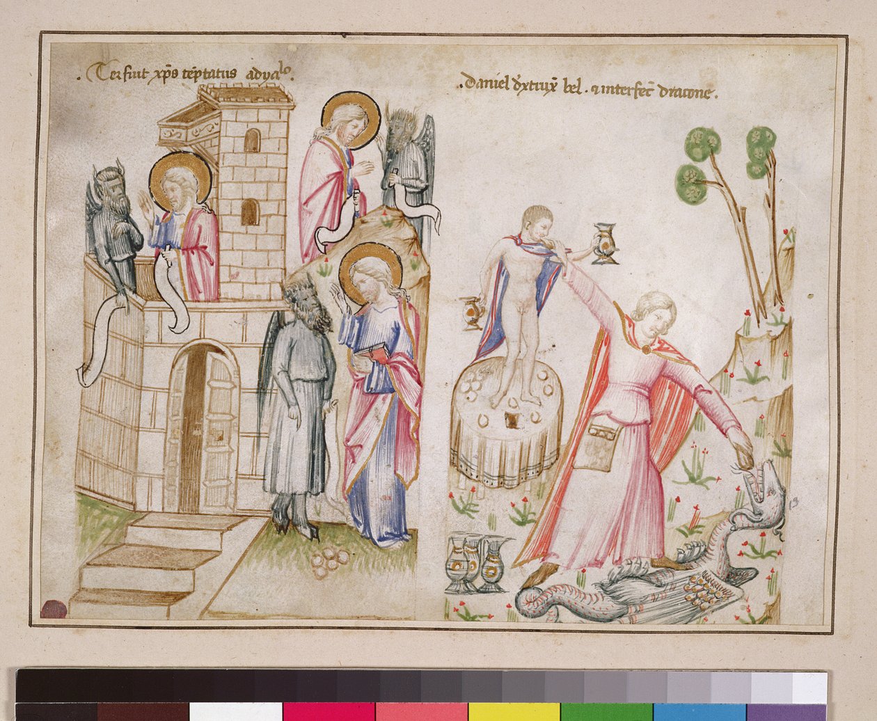 Ms 43-1950 (5v) Christs Temptation, Daniel elpusztítja Bélt, a Speculum Humanae Salvationisból alkotó: Italian School