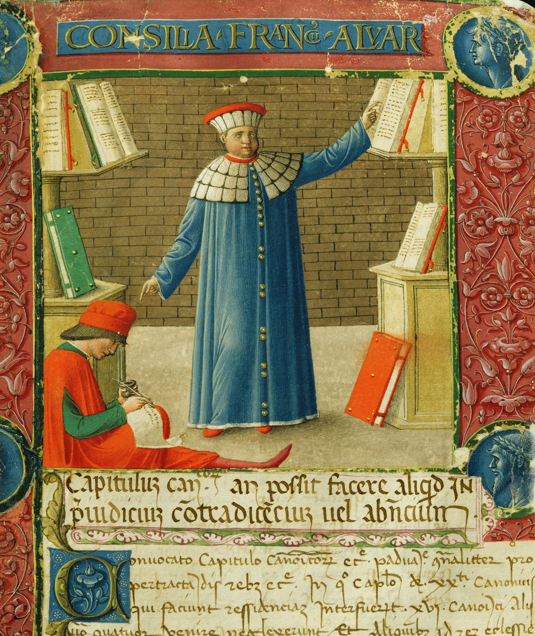 Ms. 450, miniatűr a „Consilia et Allegations”-ból, Francesco Alvarotti levelei, 1477-78 körül (vellum) alkotó: Italian School