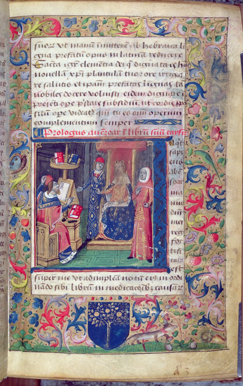Ms 5113 Capuai János (fl.1262) prezentációja védnökének, Ibn Zuhr (Avenzoar) (1091-1161) betegségekkel foglalkozó „Al-Taisir” latinra fordítását (vellum) alkotó: Italian School
