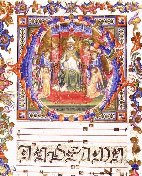 Ms 557 f.35v Történeti „O” kezdőbetű, amely Aegidiust (St. Giles) (i. e. 700) ábrázolja angyalokkal körülvéve, a „Messale di Sant