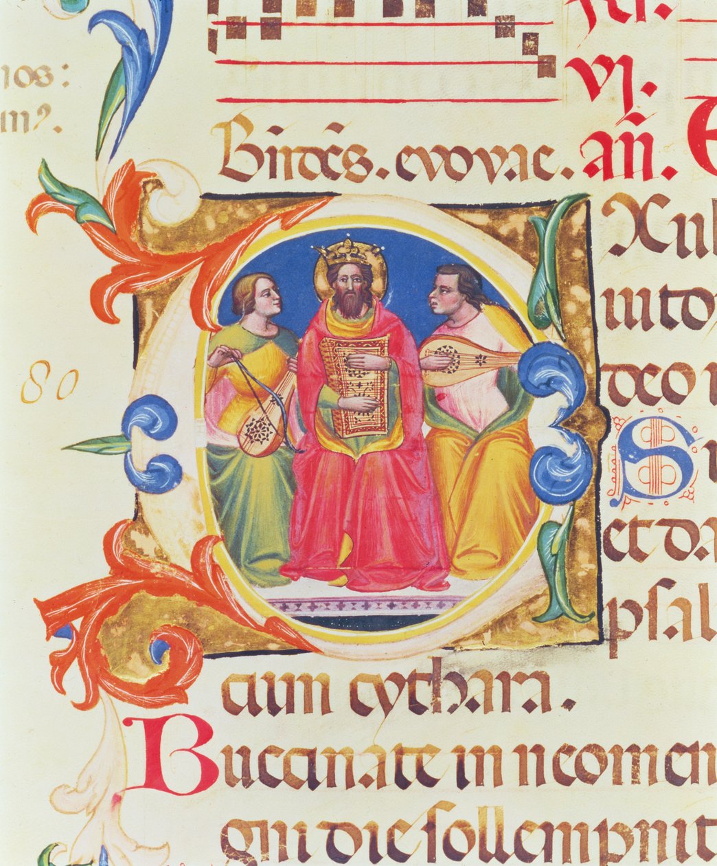 Ms. 559 f.155v Dávid királyt és két angyalt ábrázoló történeti kezdetű O a Santa Maria Novella zsoltárából, Paolo Soldini (fl.1342-86) megvilágításával 1379 alkotó: Italian School