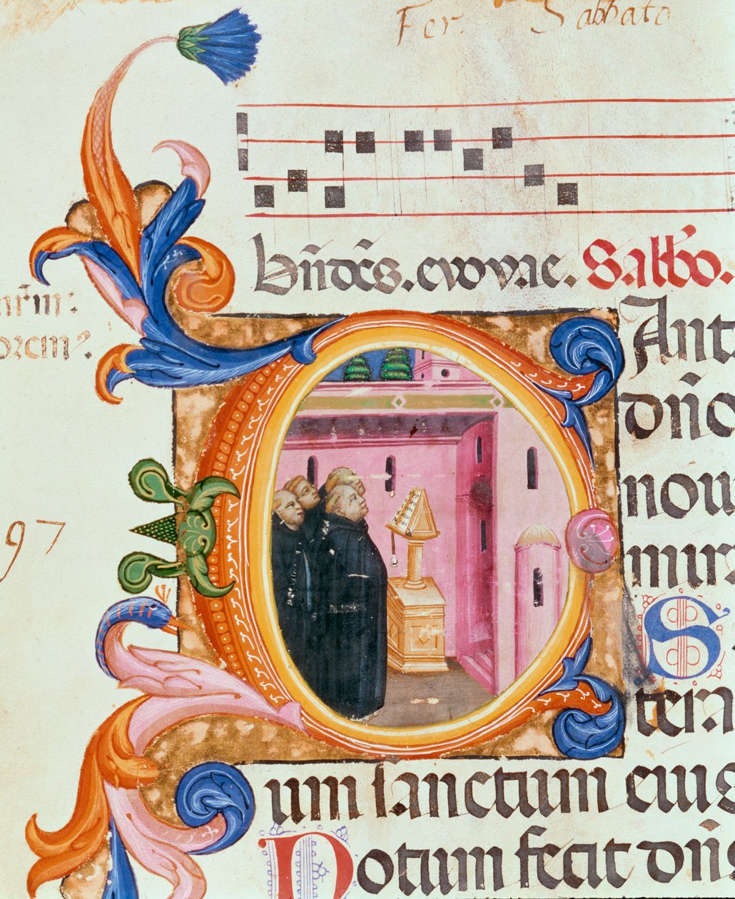 Ms 559 f.176f Történelmi kezdetű C, amely szerzeteseket ábrázol, akik egy szöveget néznek, a Santa Maria Novella zsoltárából, Paolo Soldini (fl.1342-86) megvilágításával, 1379 alkotó: Italian School