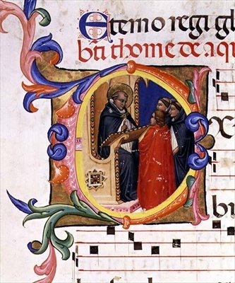 Ms 559 f.285v Történelmi „O” kezdőbetű, amely egy szerzetest ábrázol a pultnál, aki más szerzetesekkel beszélget, a Santa Maria Novella zsoltárból, Paolo SOldini (fl.1342-86) megvilágításával, 1379 (vellum) alkotó: Italian School