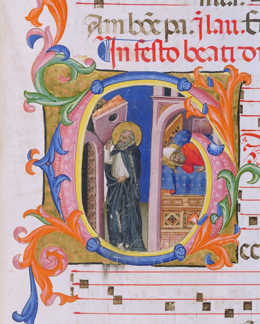 Ms 559 f.298v Történelmi kezdetű G, amely Szent Domonkost ábrázolja, aki támogatja az egyházat, és III. Honorius pápa álmát (1216-27) a San Marco e Cenacoli H zsoltárától alkotó: Italian School