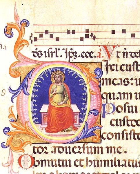 Ms 559 f.38v Történelmi kezdetű „O”, amely Szent Mátét ábrázolja, a Santa Maria Novella zsoltárból, Paolo Soldini (fl.1342-86) által megvilágított alkotó: Italian School