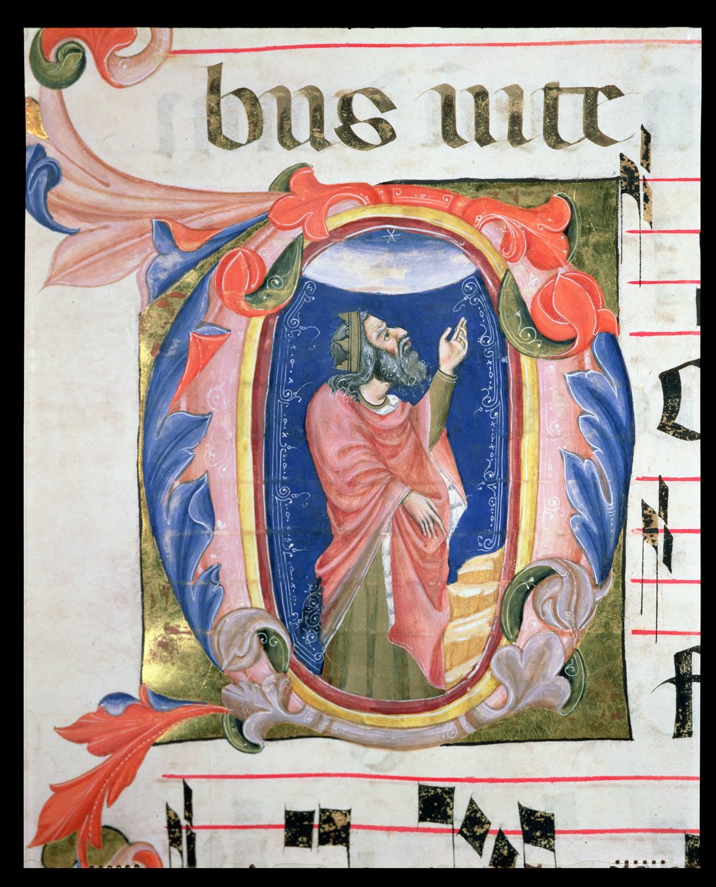 Ms 570 f.105r Dávid királyt ábrázoló, előzményezett kezdőbetűs imában alkotó: Italian School
