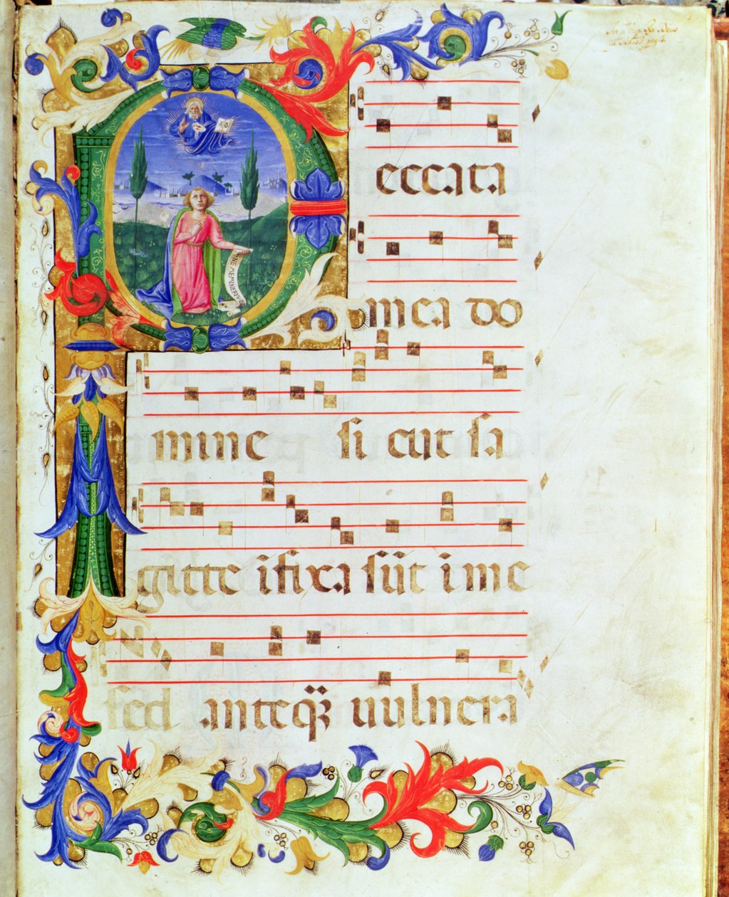 Ms 577 f.1 Történeti kezdetű „P”, amely egy férfialakot ábrázol a vadonban, a „Messale di Sant