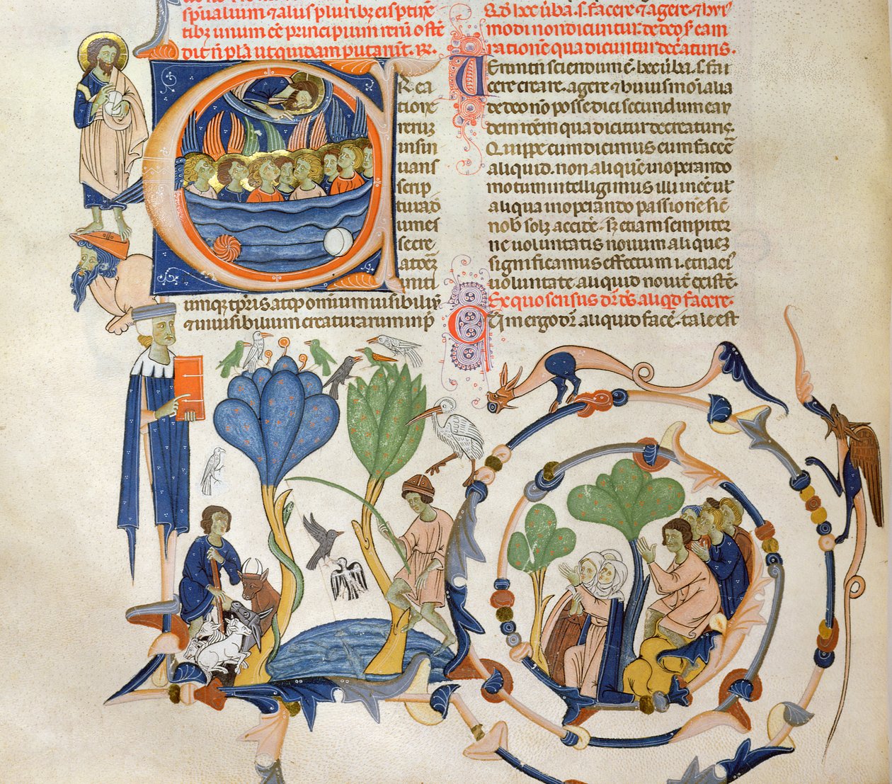 Ms 766 Krisztus angyalokhoz szól és a középkori mindennapi élet jelenetei (földművelés, földművelés, halászat és imádkozás, miniatúrák a Liber Quatuor Sententiarumból (mondatkönyv), Petrus Lombardus, második alkotó: Italian School