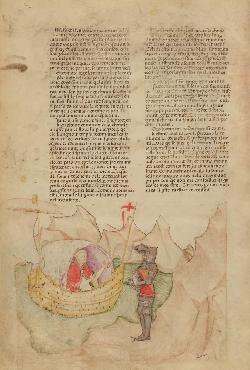 Ms Fr 343 fol.32v A Fehér Hajó megmenti Percivalt a Queste del Saint Graal-ból, 1380-85 körül alkotó: Italian School