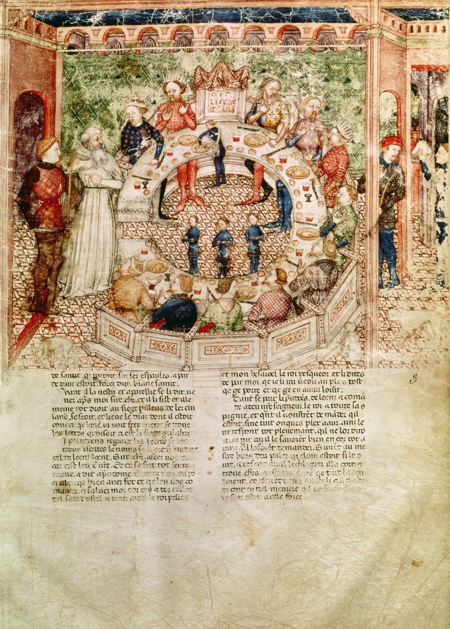 Ms Fr 343 fol.3 Sir Galahad üdvözli a kerekasztalt, Queste del Saint Graal, 1380-85 körül alkotó: Italian School