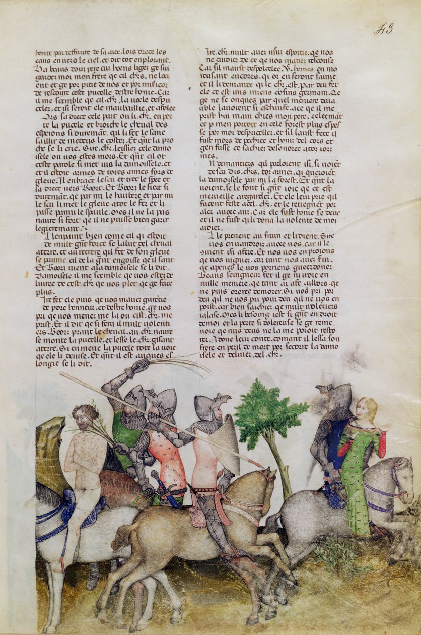 Ms Fr 343 fol.43 A Kerekasztal lovagja, Sir Bors kénytelen választani, hogy megmenti bátyját, Lionelt, vagy megment egy lányt a Queste del Saint Graalból, 1380-85 körül alkotó: Italian School