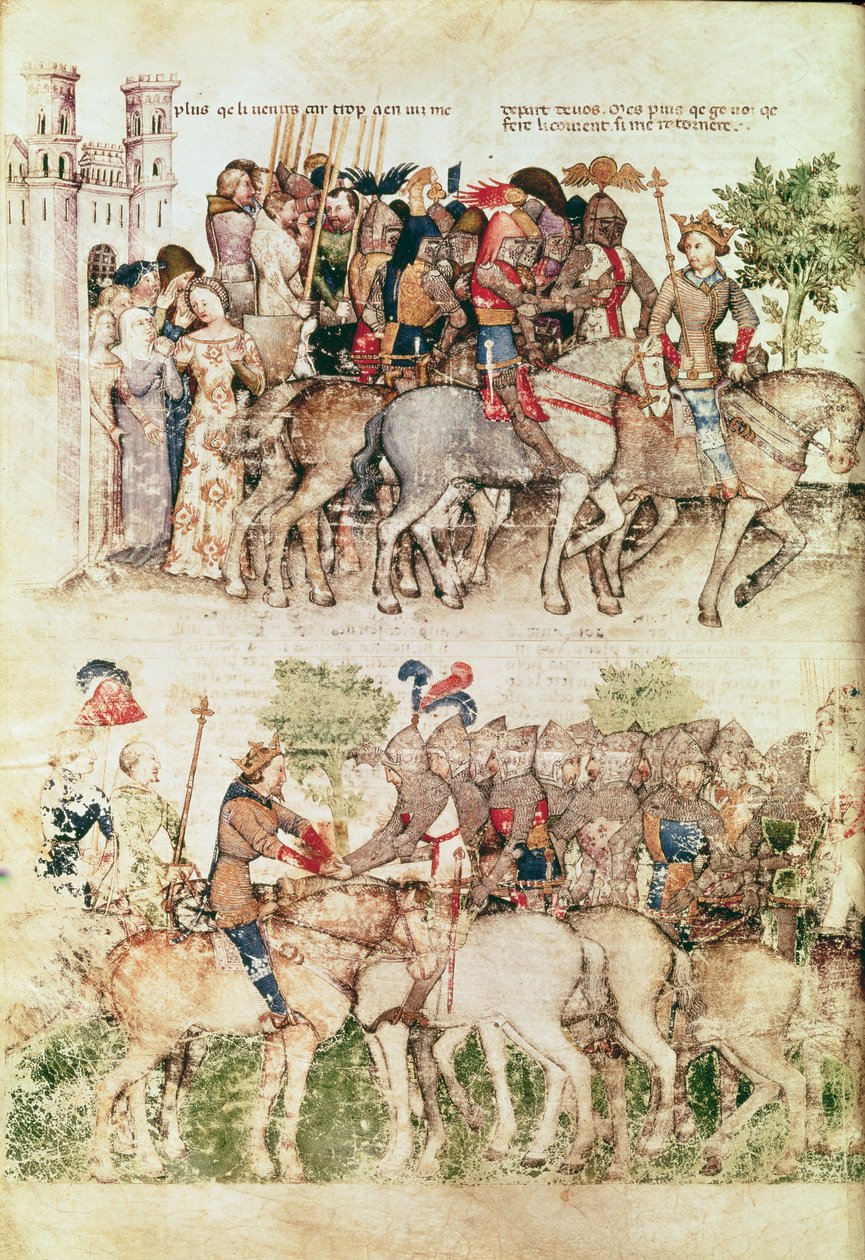Ms Fr 343 fol.8v Arthur és lovagjai a Szent Grál kutatására indulnak a Queste del Saint Graalból, 1380-85 körül alkotó: Italian School