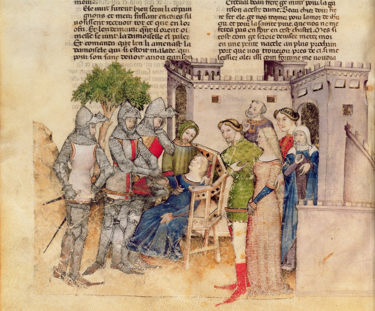 Ms Fr 343 fol. 59v Percivals nővér halála, a Queste del Saint Graalból, 1380-85 körül alkotó: Italian School