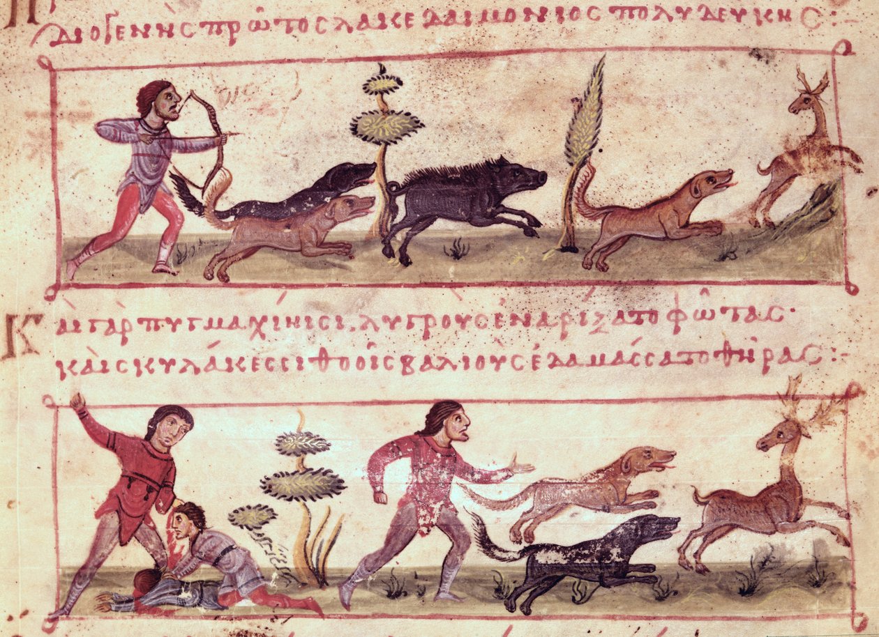 Ms Grec 479 Szarvasvadászat, Oppian illusztrációja a Cynegeticából (tempera pergamen) alkotó: Italian School