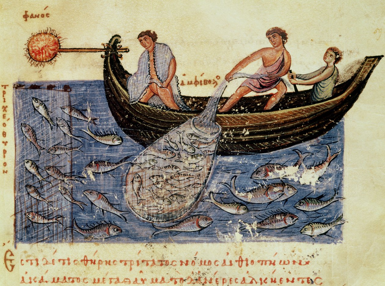 Ms Grec 479 Horgászat hálóval, Oppian illusztrációja a Halieuticából (tempera pergamen) alkotó: Italian School