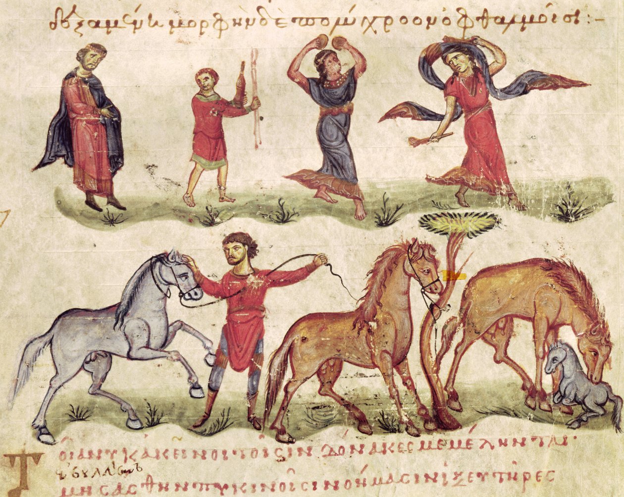 Ms Grec 479 Horse Trainers, Oppian illusztrációja a Halieuticából vagy a Cynegeticából alkotó: Italian School