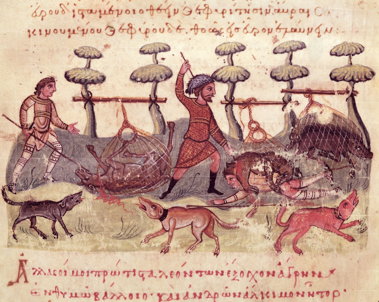 Ms Grec 479 Vadászat hálókkal, Oppian illusztrációja a Cynegeticából (tempera pergamen) alkotó: Italian School