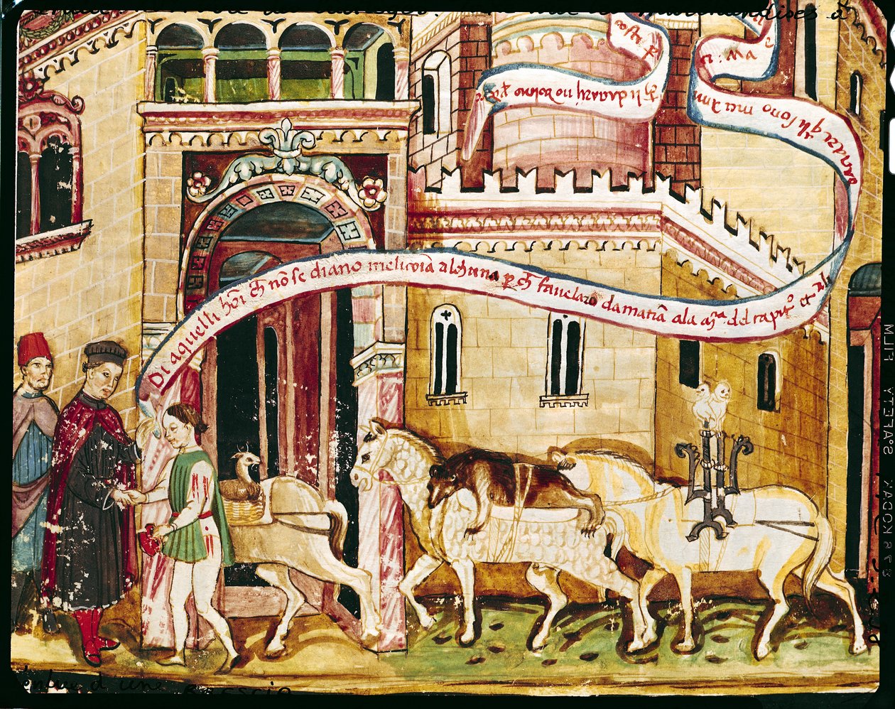Ms H. V-5 A városba belépő kereskedők megadóztatása a „Codice dei Privilegi”-ből (vellum) alkotó: Italian School