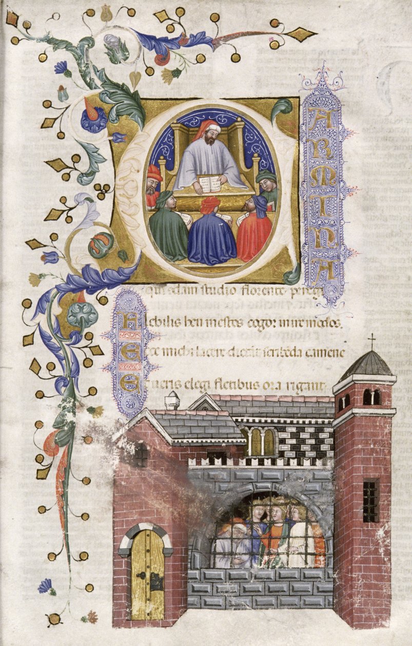Ms Hunter 374 f.4r Boethius hallgatókkal a börtönben, a De Consolation Philosophiae cum Commento, 1385 alkotó: Italian School