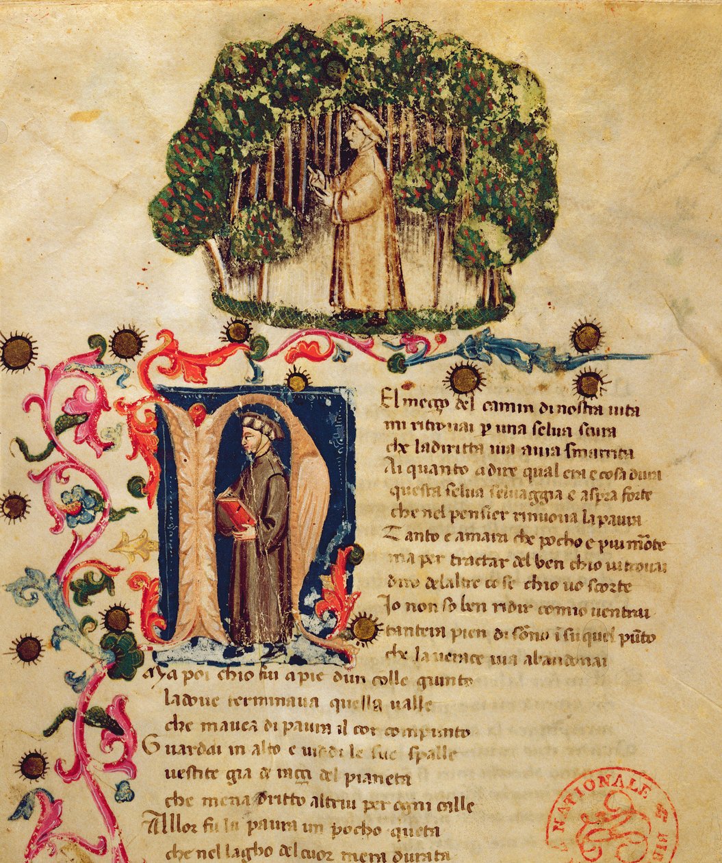 Ms It.474 Dante „Isteni színjátékának” nyitójelenete Dante alakjával a sötét fában (vellum) alkotó: Italian School