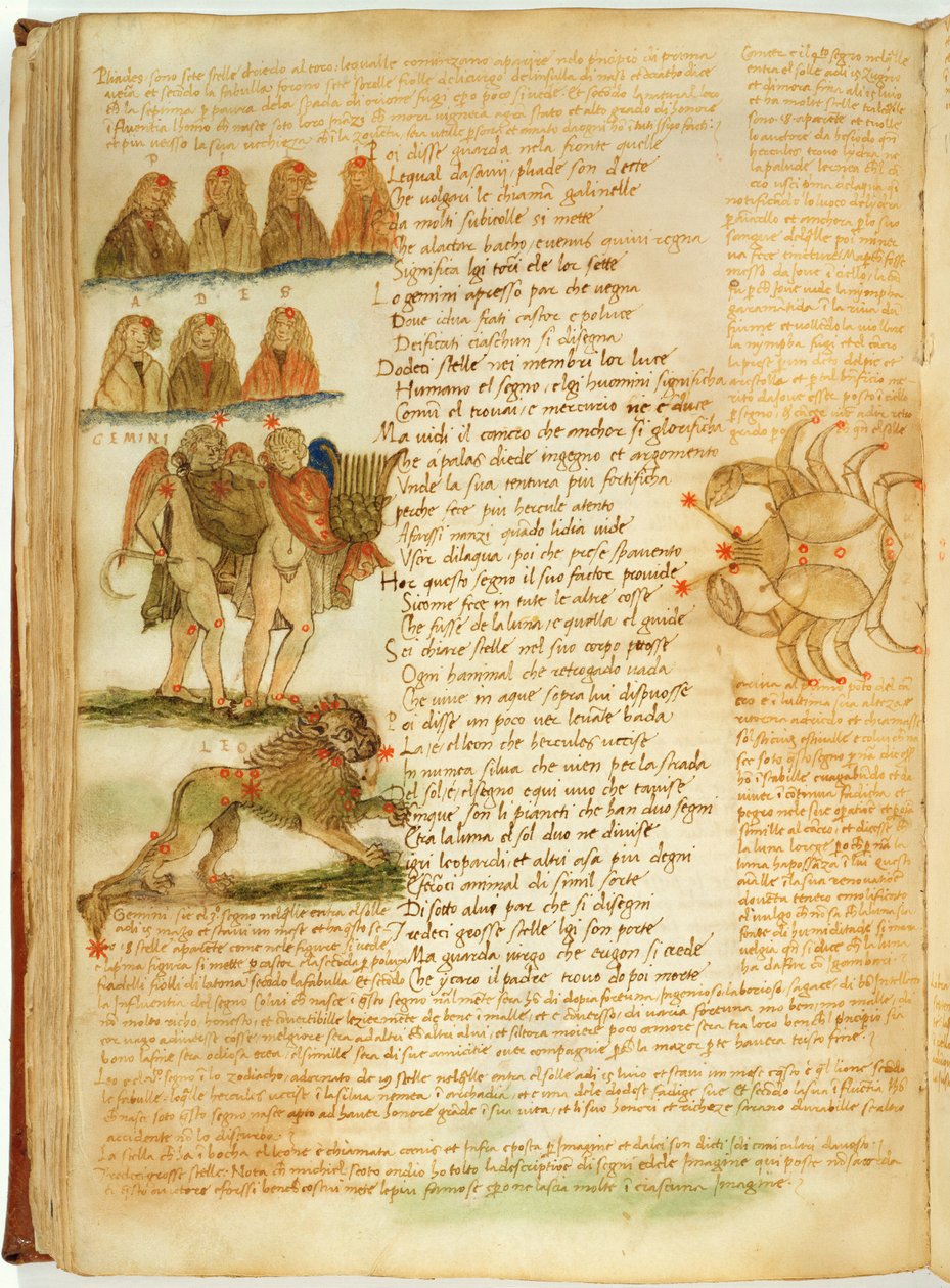 Ms Ital 483 P.4.7 f.156v Ikrek, Oroszlán és Rák, Fazio degli Uberti (vellum) „Dittamondójából” alkotó: Italian School