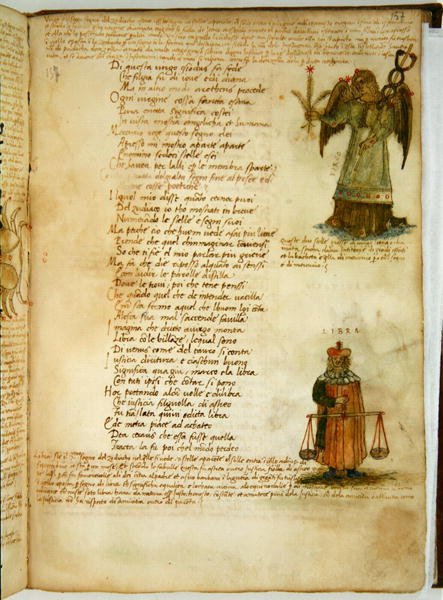 Ms Ital 483 P.4.7 f.157r Virgo and Libra, a „Dittamondo”-ból, Fazio degli Uberti (vellum) alkotó: Italian School