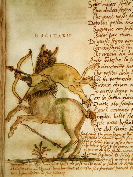 Ms Ital 483 P.4.7 f.157v Sagittarius, a „Dittamondo”-ból, Fazio degli Uberti (vellum) alkotó: Italian School
