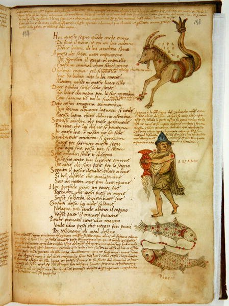 Ms Ital 483 P.4.7 f.158r Bak, Vízöntő és Halak, Fazio degli Uberti (vellum) „Dittamondójából” alkotó: Italian School