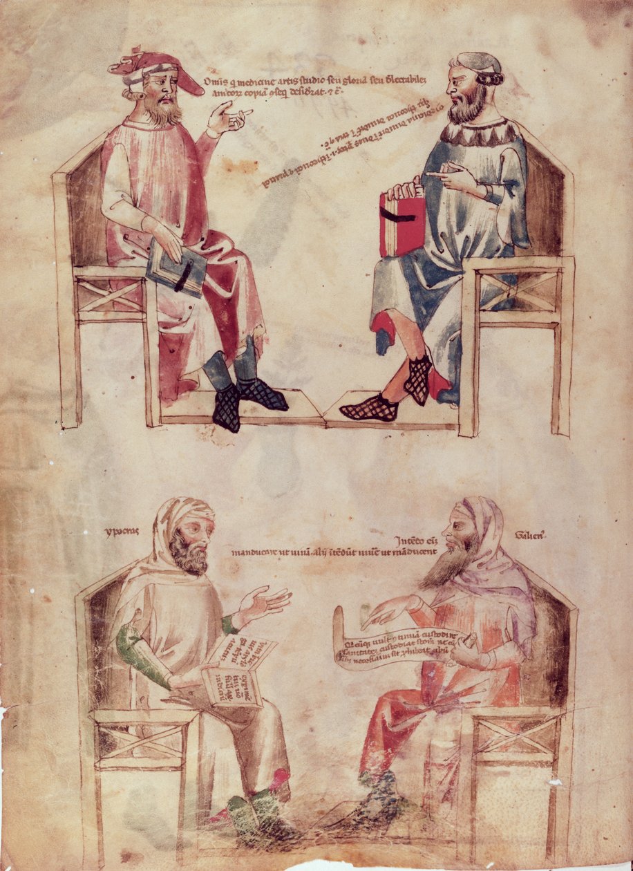 Ms Lat 6823 fol.1v Hippokratész (i.e. 460-kb.377) és Hunayn ibn Ishaq (808-73), valamint Hippokratész és Claudius Galenus (kb.131-kb.201) a De Herbisből, Manfredus de Monte Imperialitól, c. .330-40 alkotó: Italian School