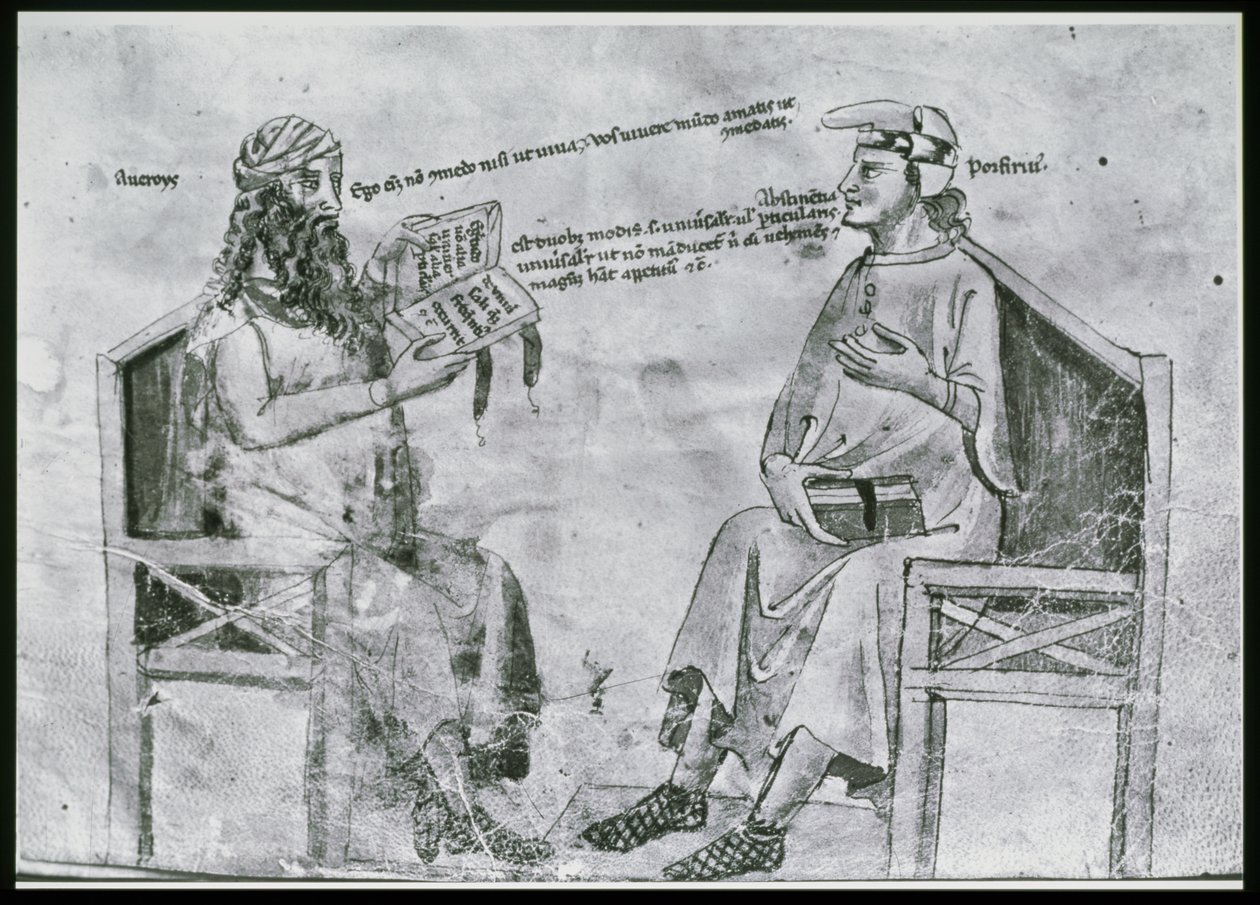 Ms Lat 6823 fol.2 Averroes (1126-98) Beszélgetésben Porphyryvel (c.232-c.305) (toll és tinta, valamint papírra mosás) alkotó: Italian School