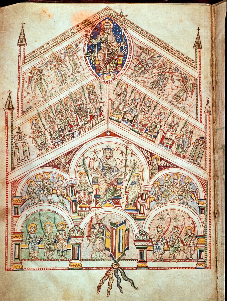 Ms. Plut.12.17 f.2v Az égi város Krisztussal trónol, Hippói Szent Ágoston (354-430) által 413-426-ban írt eredeti szöveg illusztrációja a De Civitate Dei-ből (11-12.) alkotó: Italian School