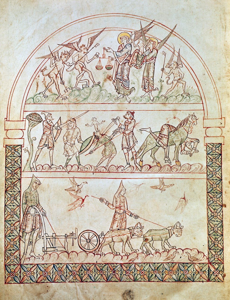 Ms. Plut. 12.17, c. 1b, A földi város az emberiség nehézségeivel és szerencsétlenségeivel és egy lélek ítéletével, Szent Ágoston Isten városából, 11-12. alkotó: Italian School